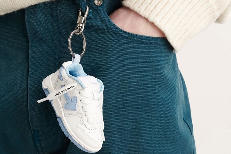 off white out of office keychain sneaker tiny purple yellow shoelaces pink white black white sky blue release info date price