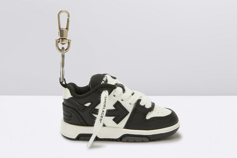 off white out of office keychain sneaker tiny purple yellow shoelaces pink white black white sky blue release info date price