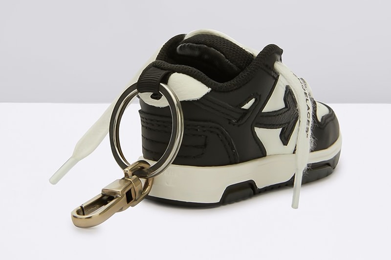 off white out of office keychain sneaker tiny purple yellow shoelaces pink white black white sky blue release info date price
