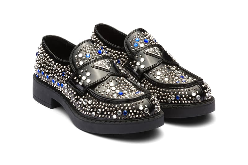 Prada Brushed leather loafers with studs and rhinestones Holiday 2022 Sparkles appliqués Diamond Effect Raf Simons Miuccia Prada