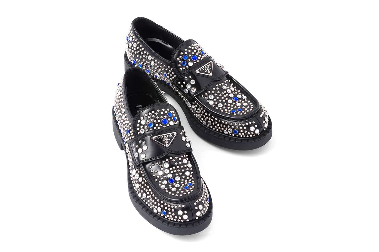 Prada Brushed leather loafers with studs and rhinestones Holiday 2022 Sparkles appliqués Diamond Effect Raf Simons Miuccia Prada