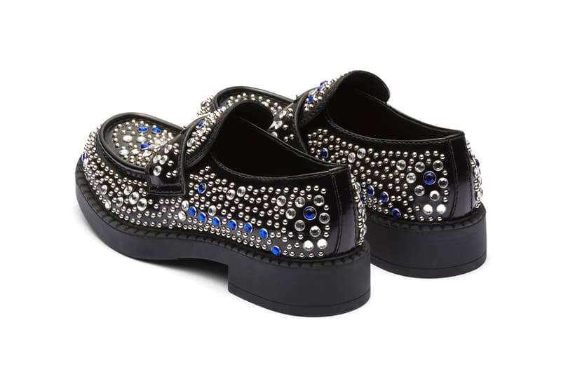 Prada Brushed leather loafers with studs and rhinestones Holiday 2022 Sparkles appliqués Diamond Effect Raf Simons Miuccia Prada