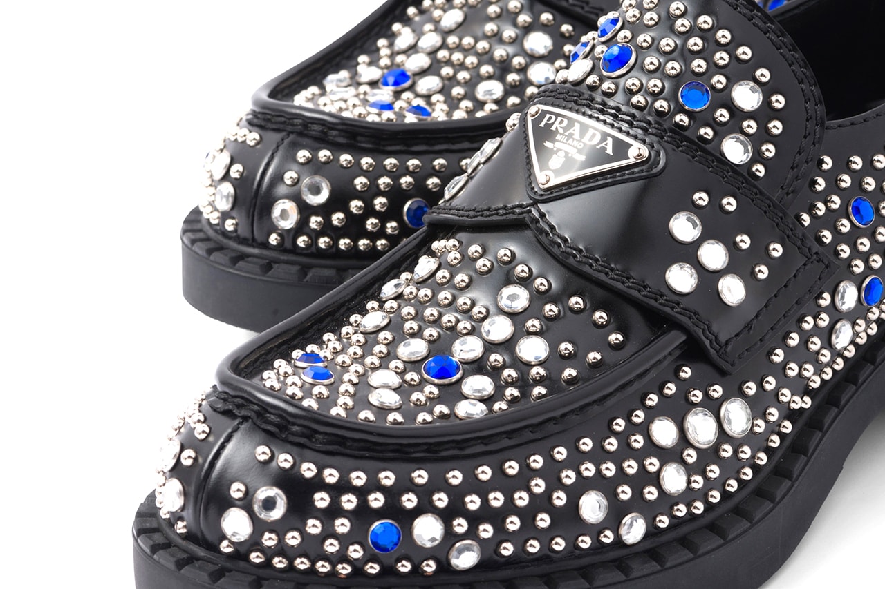 Prada Brushed leather loafers with studs and rhinestones Holiday 2022 Sparkles appliqués Diamond Effect Raf Simons Miuccia Prada