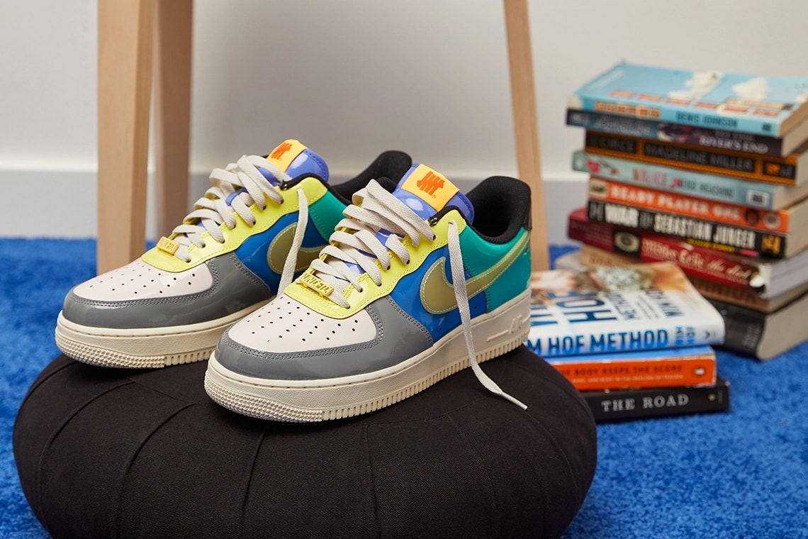 undefeated undftd nike sportswear air force 1 low patent leather topaz gold white blue grey yellow teal dv5255 001 official release date info photos price store list buying guide