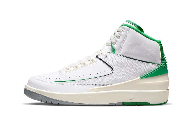 Echa un vistazo a las Air Jordan 2 en "Lucky Green" DR8884-103 febrero de 2023 spring white sail light steel grey st. pattys st. patricks suerte swoosh nike michael jordan mj baloncesto tops altos