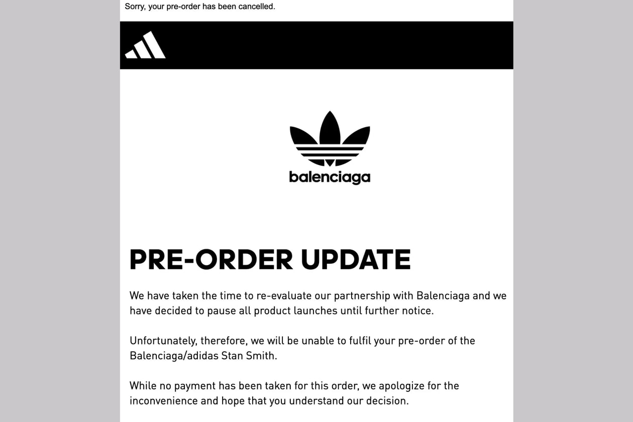 adidas balenciaga partnership paused hold cancelled email shoes controversy ad campaign statement story info 