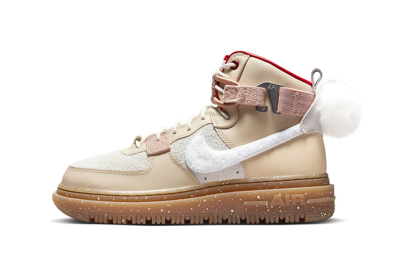Nike air force 1 high utility 2 0 leap high suede leather white fuzzy chenille pom pom tan speckled red release info date price