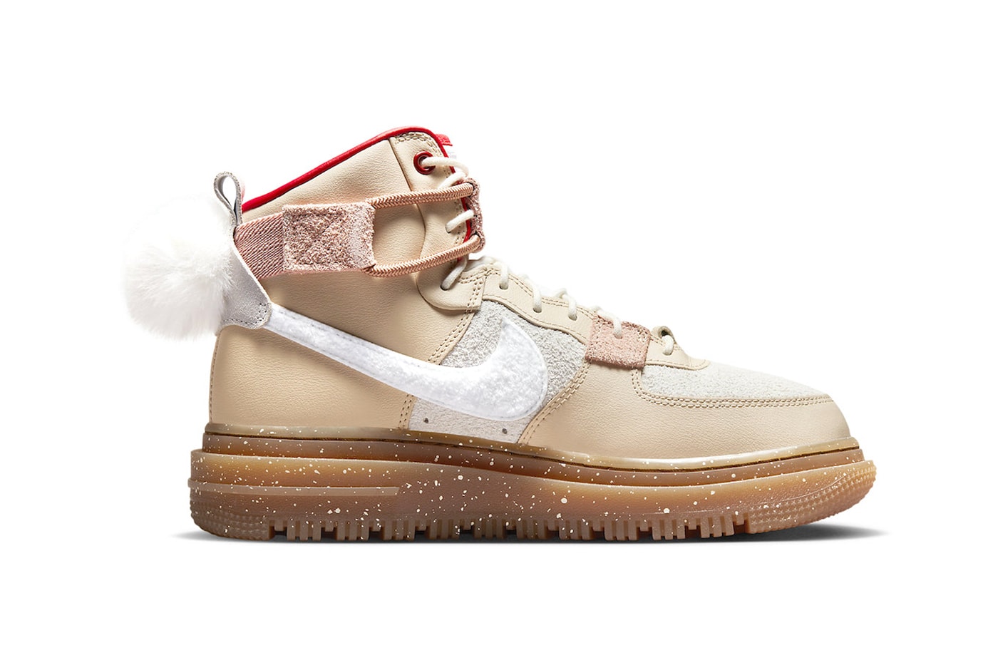 Nike air force 1 high utility 2 0 leap high suede leather white fuzzy chenille pom pom tan speckled red release info date price