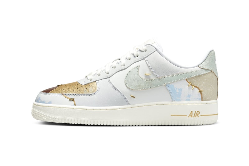 Nike Air Force 1 Low patchwork sail gold exposed stitching sky paint marble construction release info date price