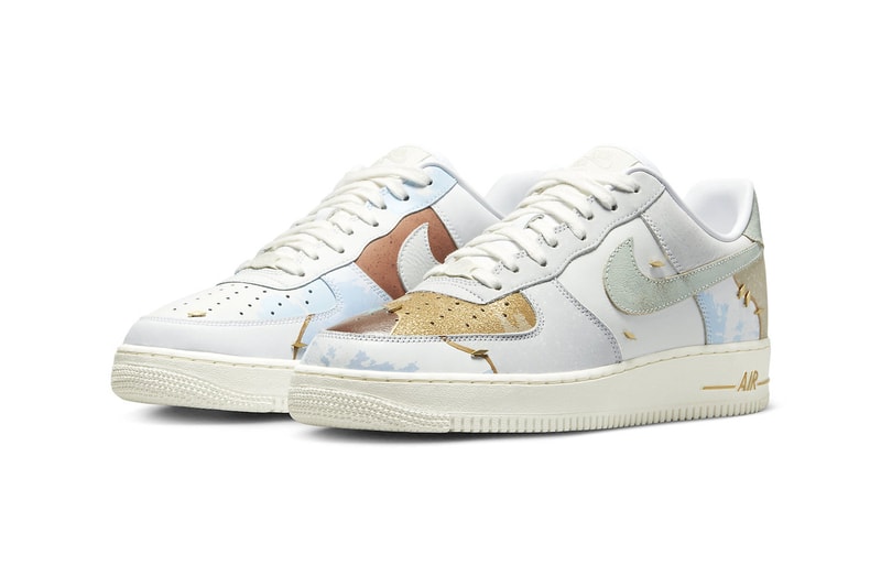 Nike Air Force 1 Low patchwork sail gold exposed stitching sky paint marble construction release info date price