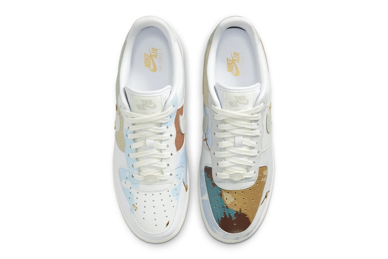 Nike Air Force 1 Low patchwork sail gold exposed stitching sky paint marble construction release info date price