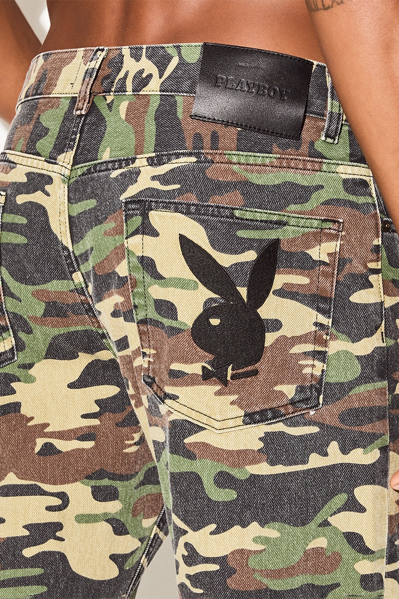 Playboy Launches Own Denim Brand women mens first solo venture camo jeans paisley sexy lingerie calendar bunnies