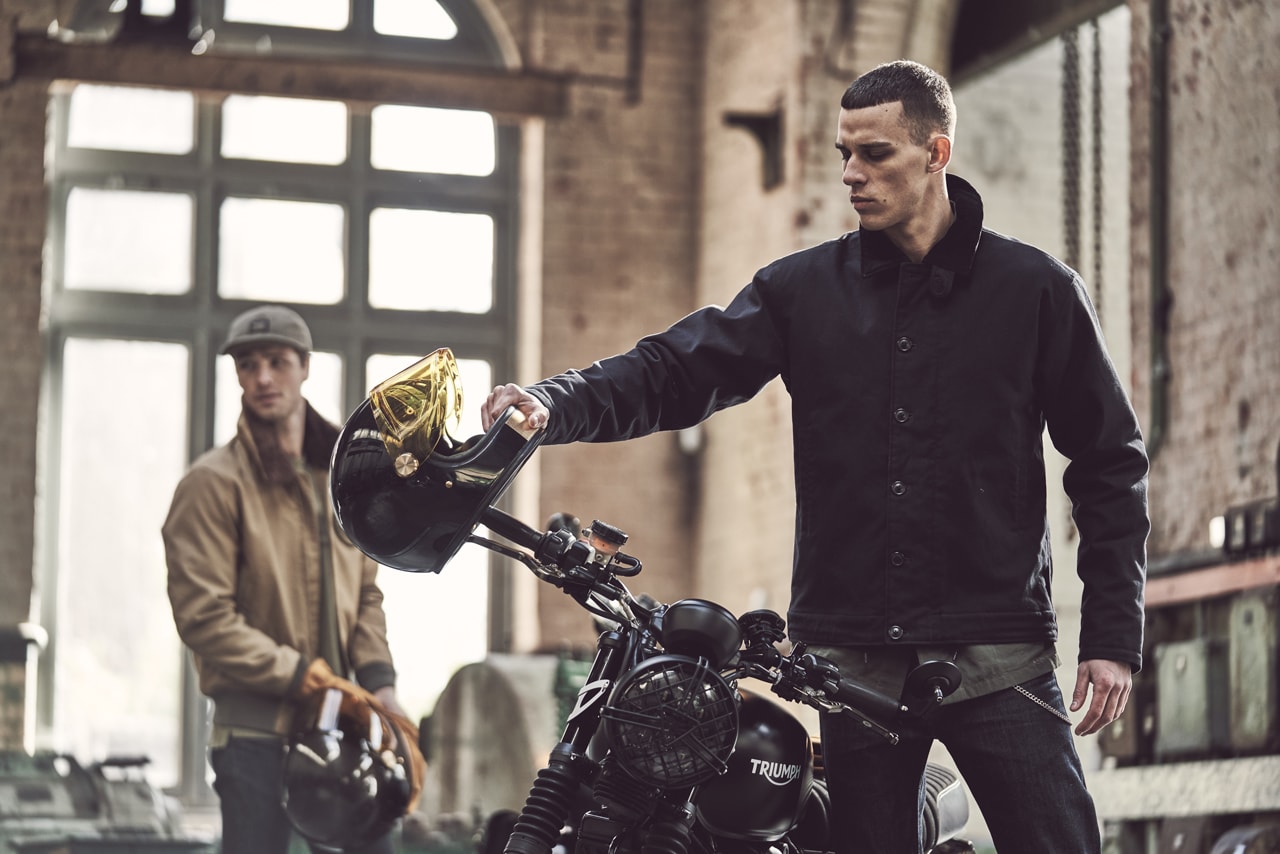 Triumph Motorcycles lifestyle collection fall winter 2022 vintage bomber navy collar cotton mo jungle t-shirts 