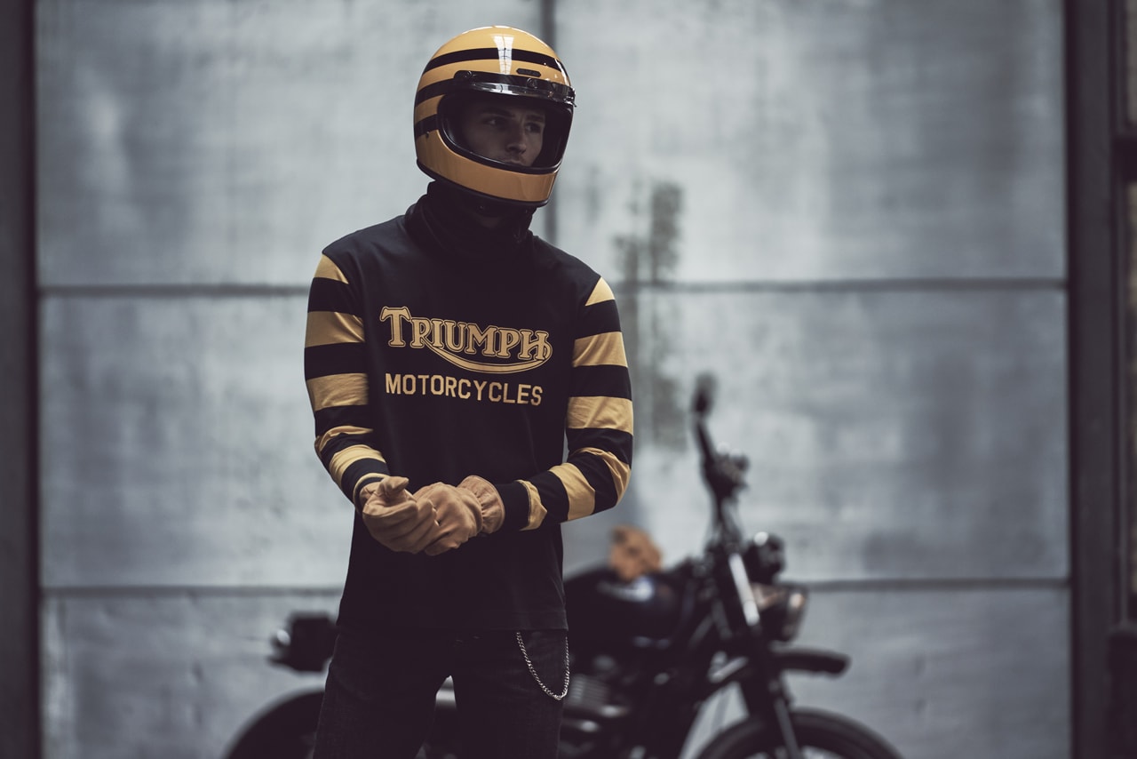 Triumph Motorcycles lifestyle collection fall winter 2022 vintage bomber navy collar cotton mo jungle t-shirts 