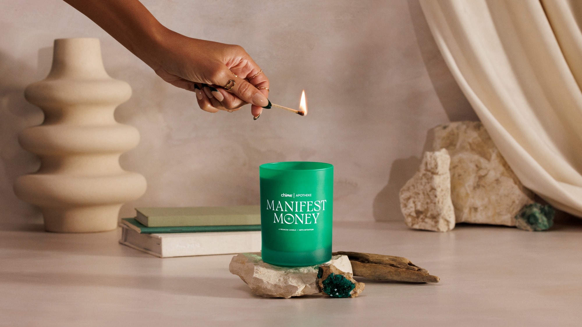 Chime and Apotheke Collab on Limited Edition Candle green white candle