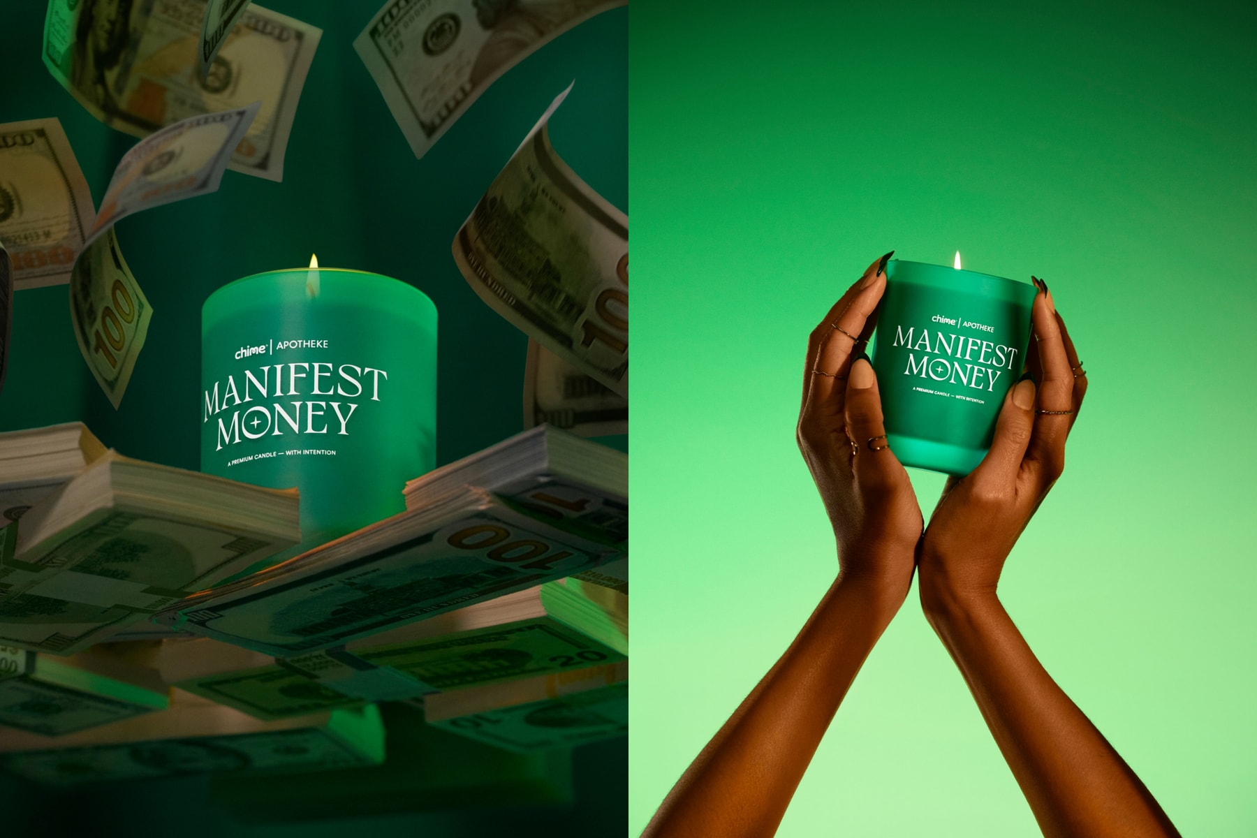 Chime and Apotheke Collab on Limited Edition Candle green white candle