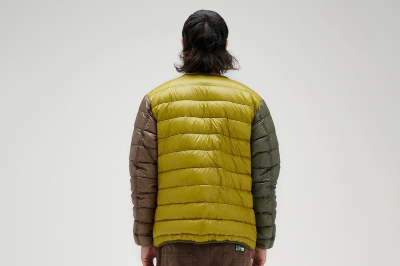 Brain Dead nanga collaboration official puffer jacket ultralight collarless zip up japanese yellow green brown release info date price