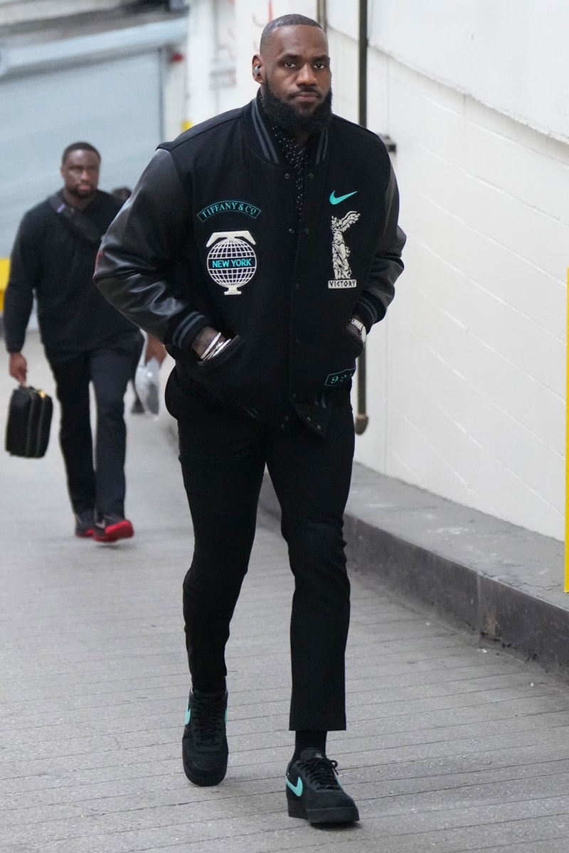 LeBron James Is First To Be Spotted in Highly Anticipated Tiffany & Co. x Nike Collaboration air force 1 low varsity jacket letterman king james los angeles lakers madison square guardan new york knicks nyc