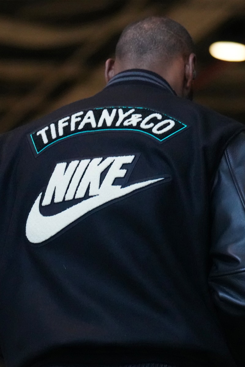 LeBron James Is First To Be Spotted in Highly Anticipated Tiffany & Co. x Nike Collaboration air force 1 low varsity jacket letterman king james los angeles lakers madison square guardan new york knicks nyc