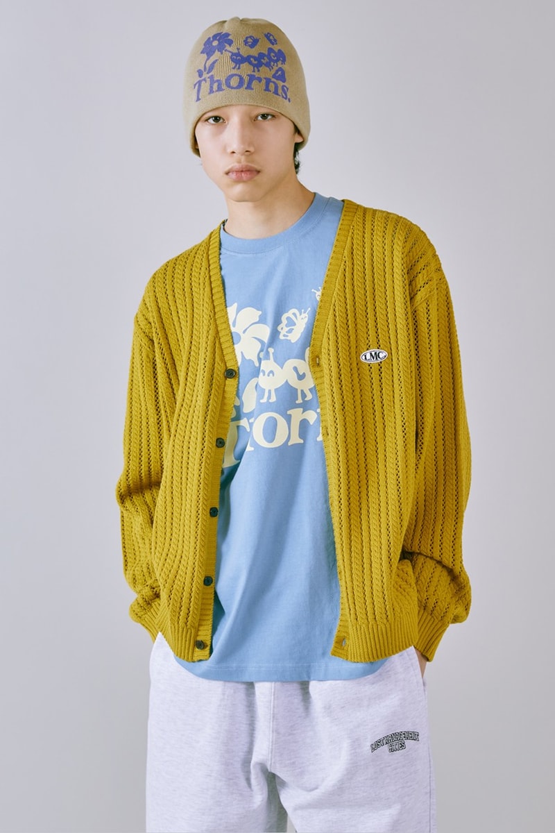 LMC SS23 Brings a Vintage Aesthetic to Wardrobe 1960s wardrobe staples slogan hippie culture peace freedom reversal letterman jackets varsity jacket tie dye rabbit colorful vibrant sweaters vest corduroy