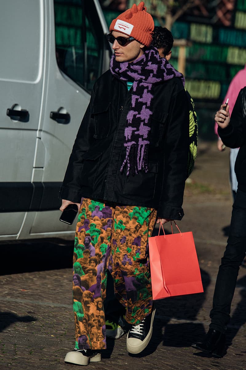 Wild Colors and Audacious Patterns Dazzle Mens Milan Fashion Week FW23 Street Style fall winter 2023 fendi gucci adidas baguette kim jones prada raf simons charles jeffrey loverboy milanese etro charles jeffrey loverboy