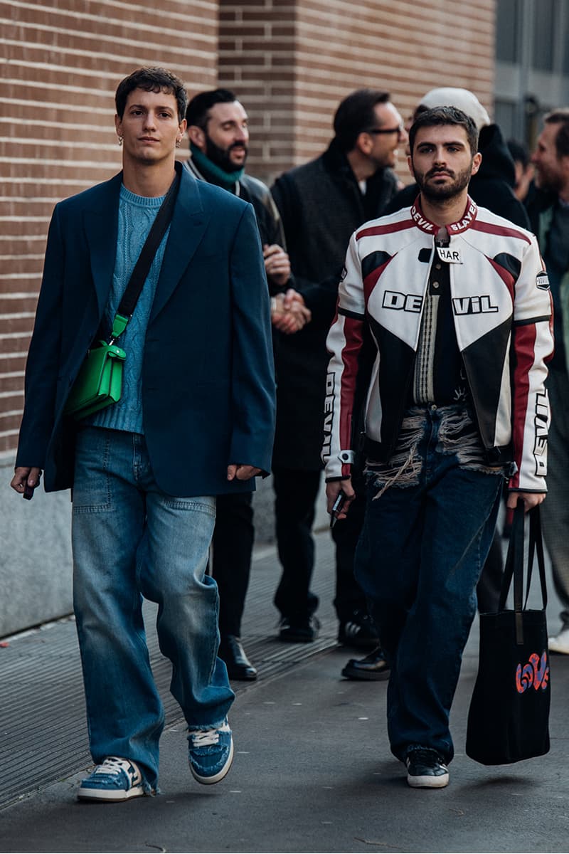 Wild Colors and Audacious Patterns Dazzle Mens Milan Fashion Week FW23 Street Style fall winter 2023 fendi gucci adidas baguette kim jones prada raf simons charles jeffrey loverboy milanese etro charles jeffrey loverboy