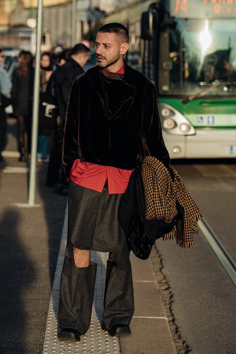 Wild Colors and Audacious Patterns Dazzle Mens Milan Fashion Week FW23 Street Style fall winter 2023 fendi gucci adidas baguette kim jones prada raf simons charles jeffrey loverboy milanese etro charles jeffrey loverboy