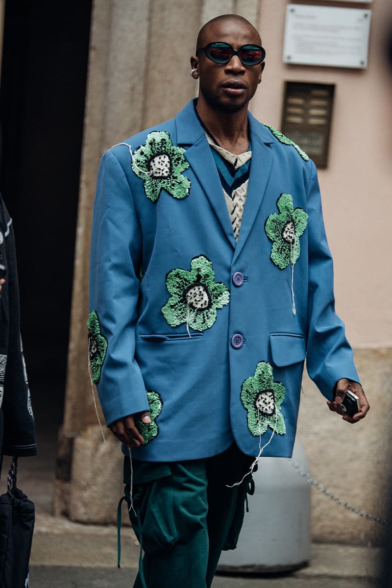 Wild Colors and Audacious Patterns Dazzle Mens Milan Fashion Week FW23 Street Style fall winter 2023 fendi gucci adidas baguette kim jones prada raf simons charles jeffrey loverboy milanese etro charles jeffrey loverboy