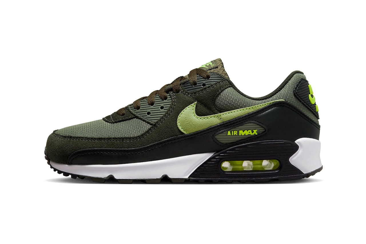 Nike Air Max 90 Medium Olive Sneaker Trainer Footwear Shoes Green White Air Unit The Swoosh Mesh Leather Nubuck 