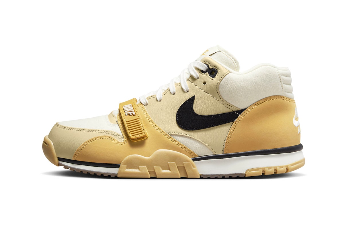 Official Look at the Nike Air Trainer 1 "Coconut Milk" DV7201-100 Black-Team Gold-Sail release info swoosh