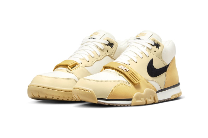 Official Look at the Nike Air Trainer 1 "Coconut Milk" DV7201-100 Black-Team Gold-Sail release info swoosh