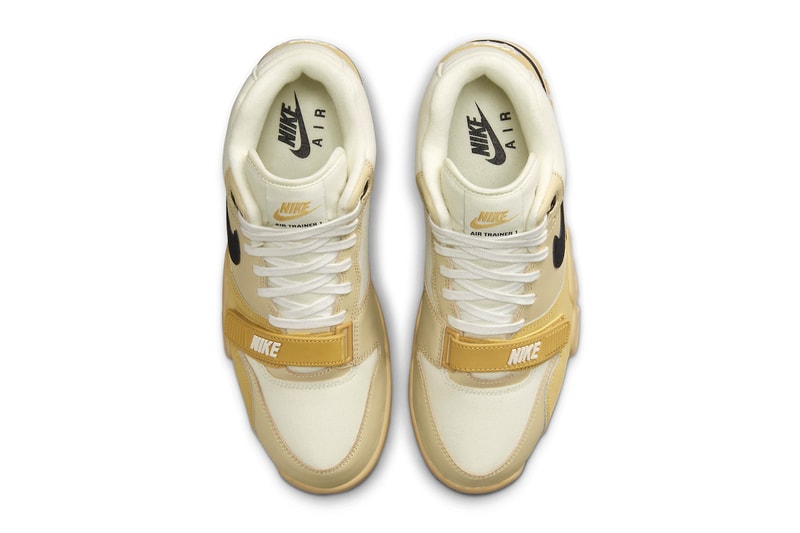 Official Look at the Nike Air Trainer 1 "Coconut Milk" DV7201-100 Black-Team Gold-Sail release info swoosh