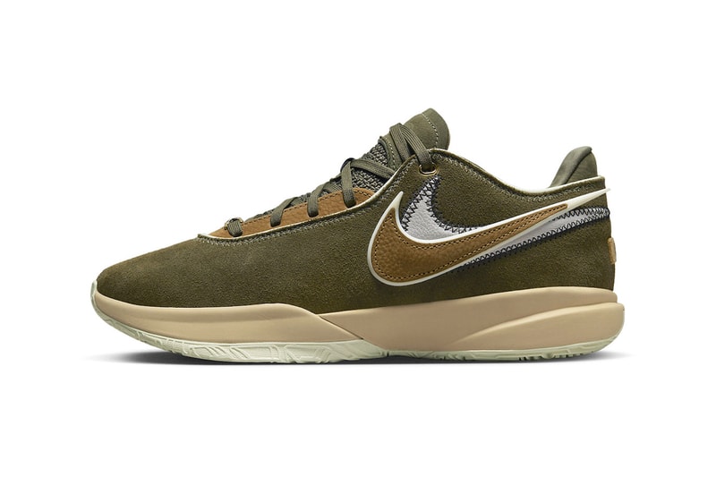 Official Look at the Nike LeBron 20 "Olive Suede" DV1193-901 lebron james lakers basketball shoes sneakers low top swoosh cream green
