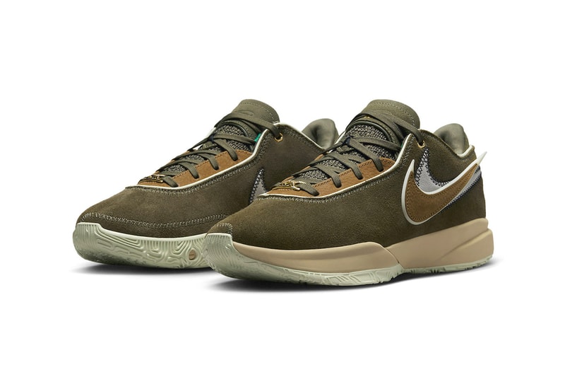 Official Look at the Nike LeBron 20 "Olive Suede" DV1193-901 lebron james lakers basketball shoes sneakers low top swoosh cream green