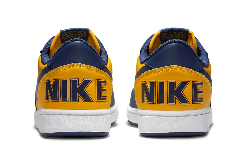 Official Look at the Nike Terminator Low "Michigan" FJ4206-700 University Gold/Navy-White swoosh low tops 