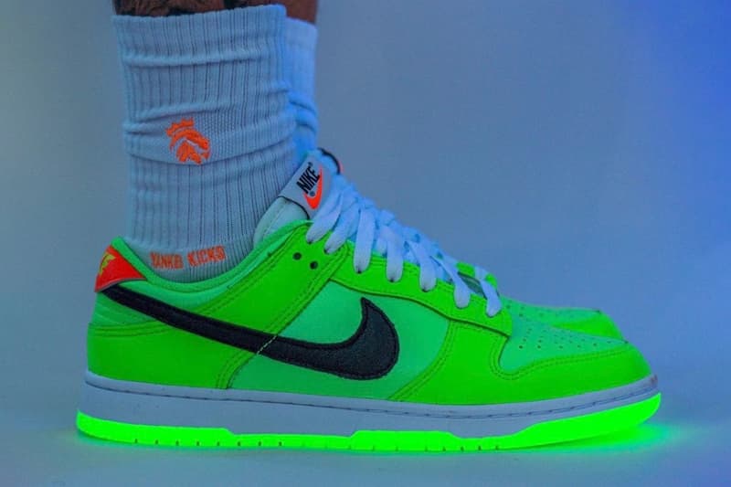 On-Feet Look Nike Dunk Low "Glow In the Dark" RELEASE INFO FJ4610-702 venom green blak glow 2023 release skater shoes lowtop swoosh