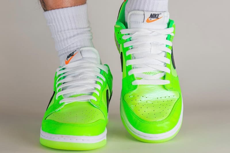 On-Feet Look Nike Dunk Low "Glow In the Dark" RELEASE INFO FJ4610-702 venom green blak glow 2023 release skater shoes lowtop swoosh