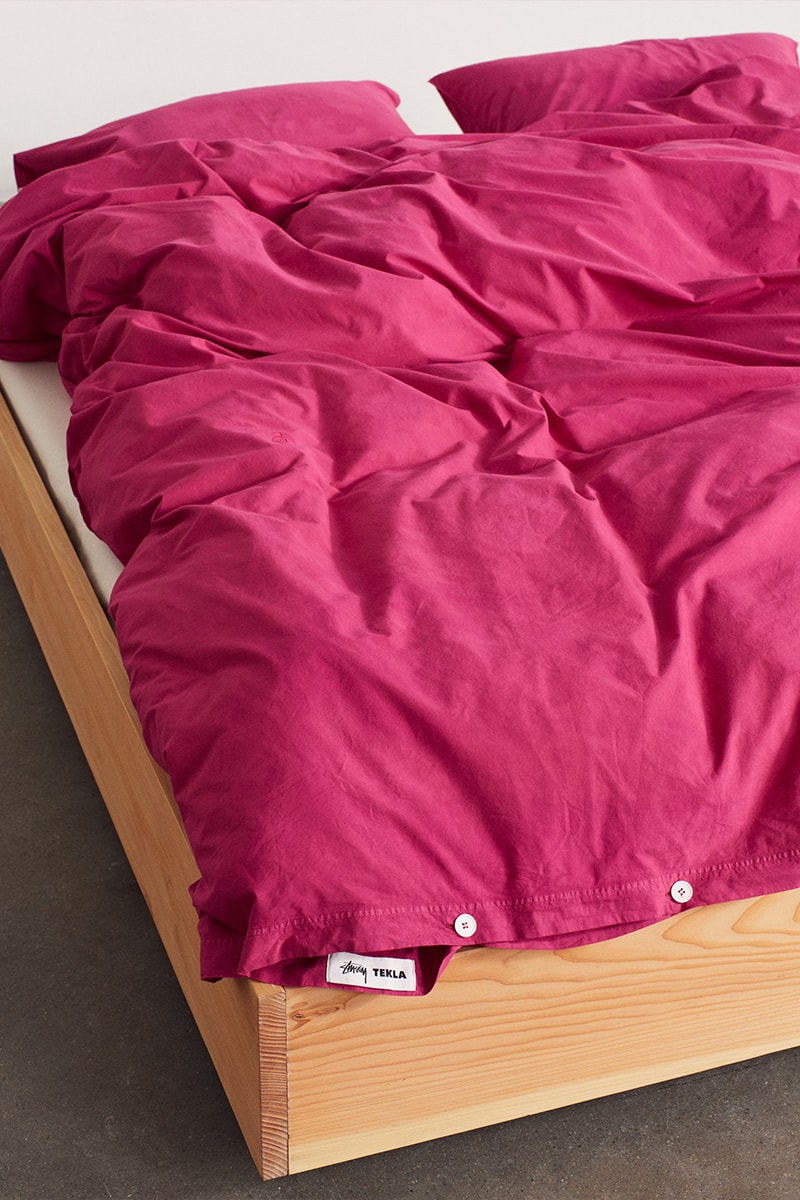 Sleepwear, Bedding and Bathrobes Highlight the Third Stussy x Tekla Collaboration home beach streetwear berry color waterclor effect hand drawn stripes ddanish skater hugo boserup american surfer frnake harrer californai antosh cimoszko