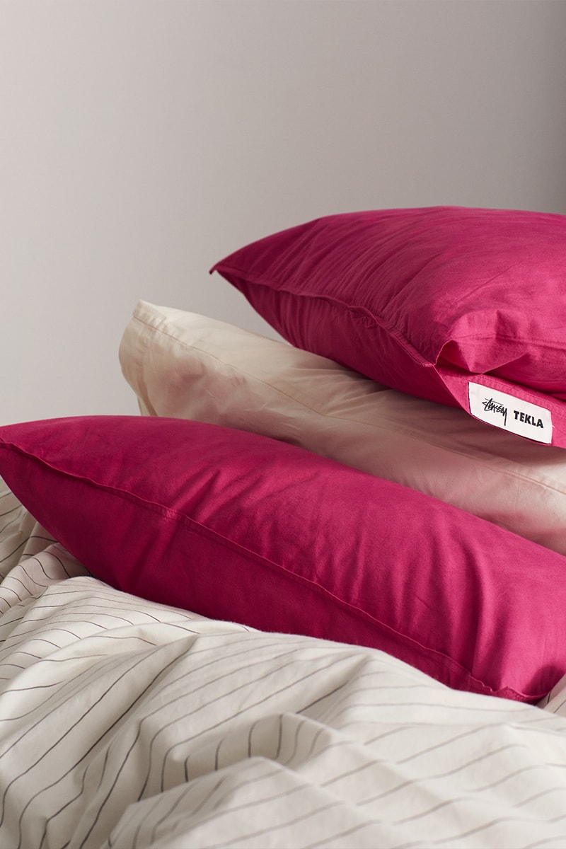Sleepwear, Bedding and Bathrobes Highlight the Third Stussy x Tekla Collaboration home beach streetwear berry color waterclor effect hand drawn stripes ddanish skater hugo boserup american surfer frnake harrer californai antosh cimoszko