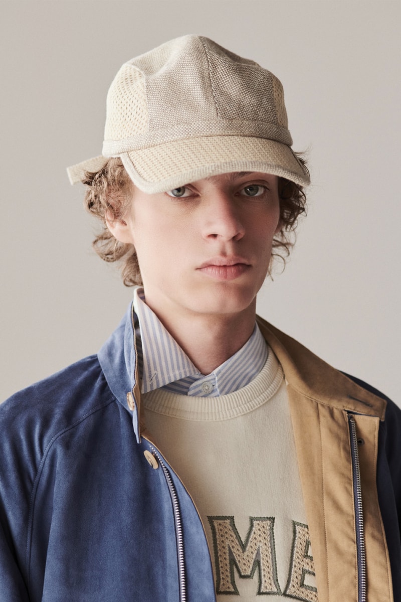Men's spring summer outfit with beige one point bucket hat, white