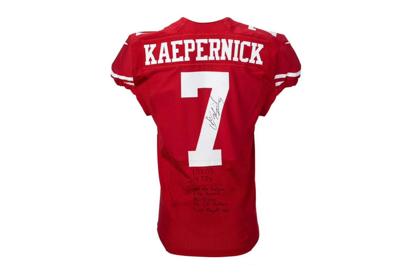 Colin Kaepernick's Game-Worn 2013 NFL Playoffs 49ers Jersey Set for Auction heritage american football nike kneel super bowl