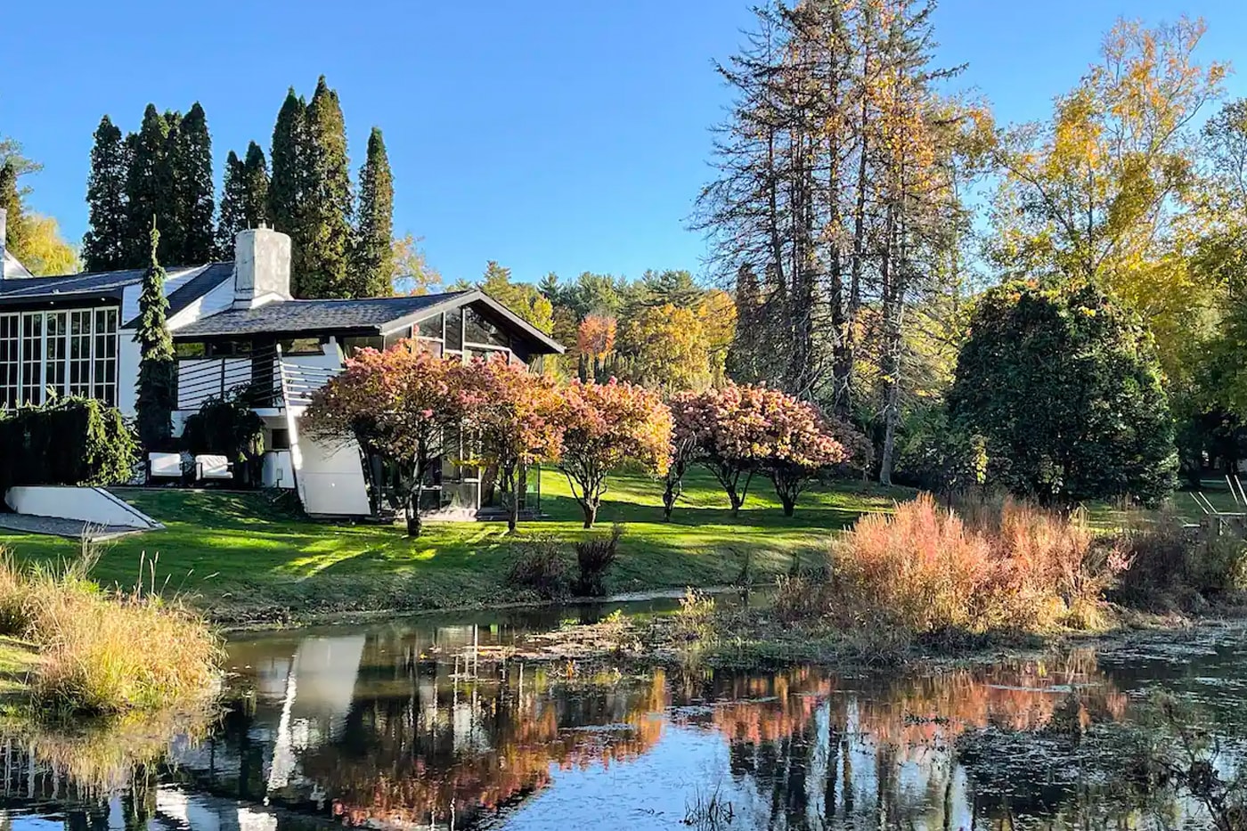 Airbnb Home Rental Woodstock New York The Pond House Historic Artist Estate Waterfall Mid-Century Modern Interior Design