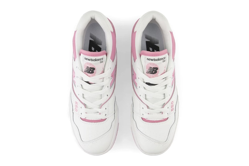 New Balance 550 Bubblegum Spring pink white leather stability clip 1980 basketball release info date price