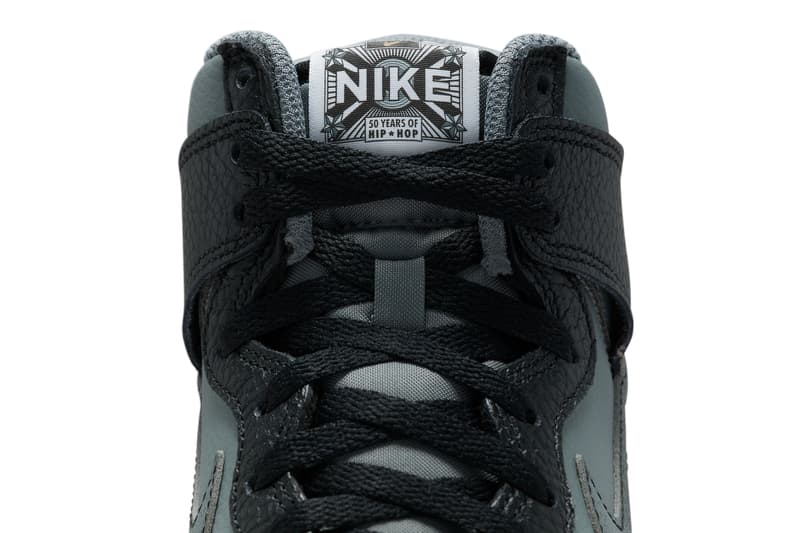 Nike Dunk High Celebrates 50 Years of Hip-Hop With New Black/Grey Colorway swoosh black grey shoe high tops classics jay-z biggie tupac rapper wu tang clan