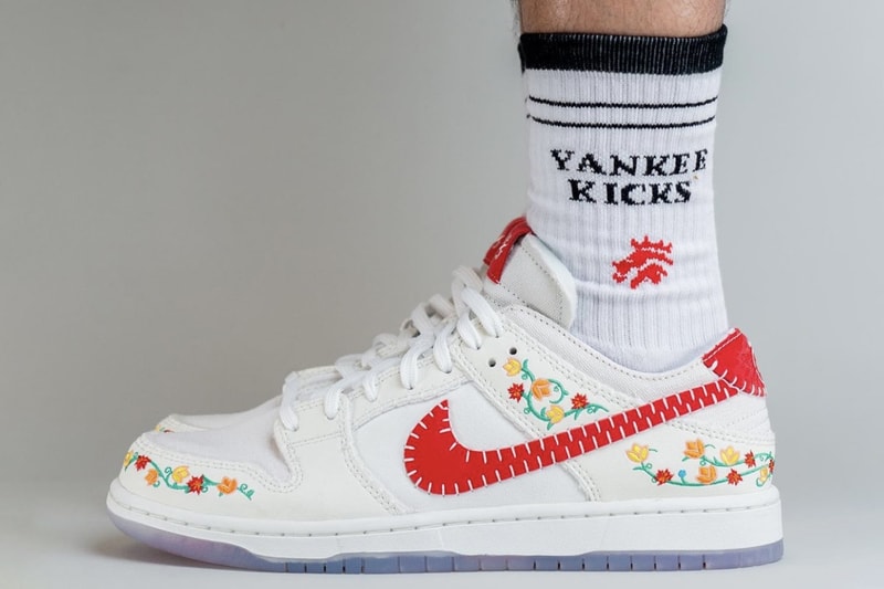 On-Feet Look at the Nike SB Dunk Low Decon "N7" FD6951-700 2023 release ermbroidery floral patterns stitch