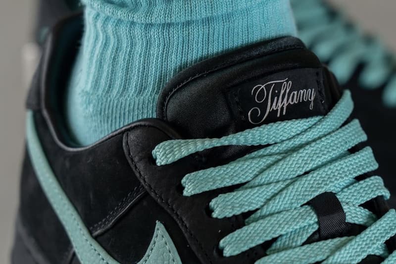 Take an On-Feet Look at the Tiffany & Co. x Nike Air Force 1 Low Collaboration DZ1382-001 black tiffany blue af1 swoosh suede leather lebron james 