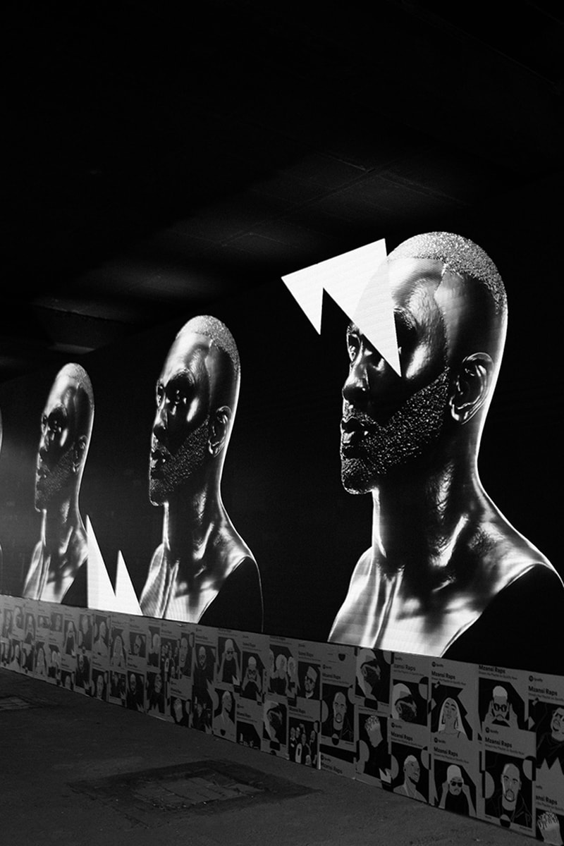 spotify south africa hip-hop cottonfest mzansi raps playlist installation in black and white billboards 