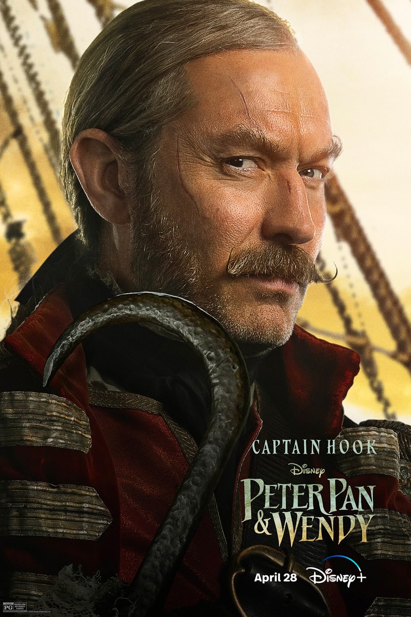 Disney+ Gives First Look at Live-Action 'Peter Pan and Wendy' Through Film Posters captain hook alexander moloney jude law milla jovovich