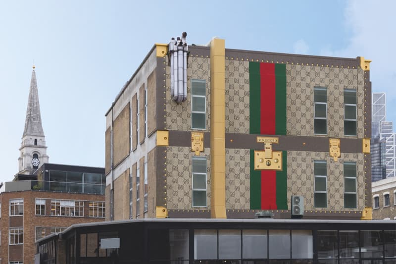Gucci London Brick Lane Art Wall Information details trunk monogram Valigeria campaign uk