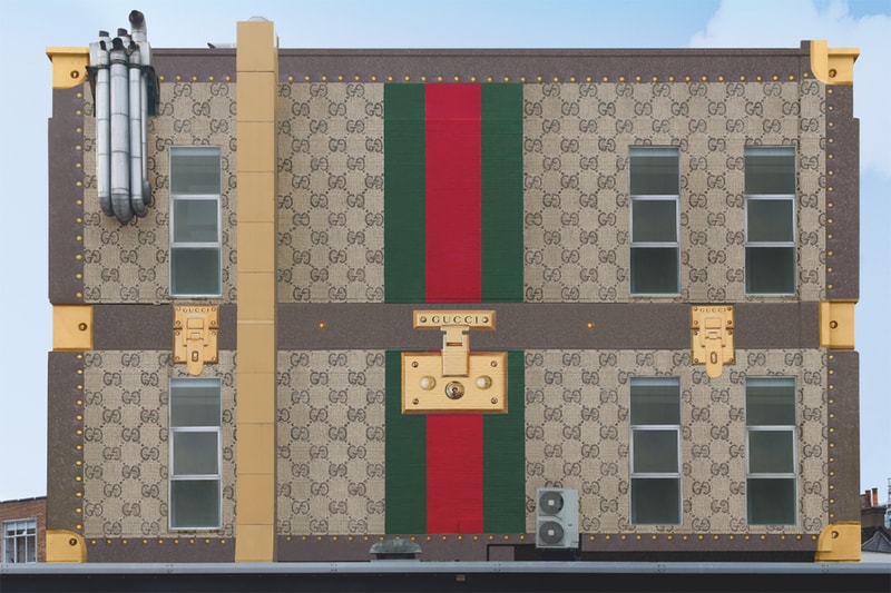 Gucci London Brick Lane Art Wall Information details trunk monogram Valigeria campaign uk